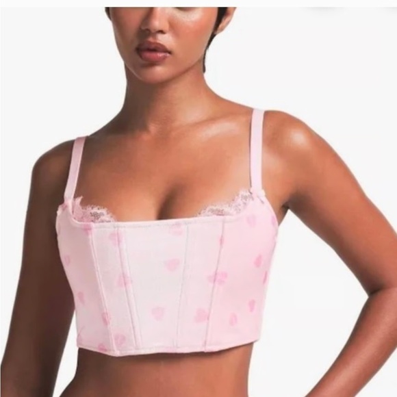Skims Velvet Lace Corset Top Pink Heart Print Cropped Bustier NWT - Picture 6 of 6